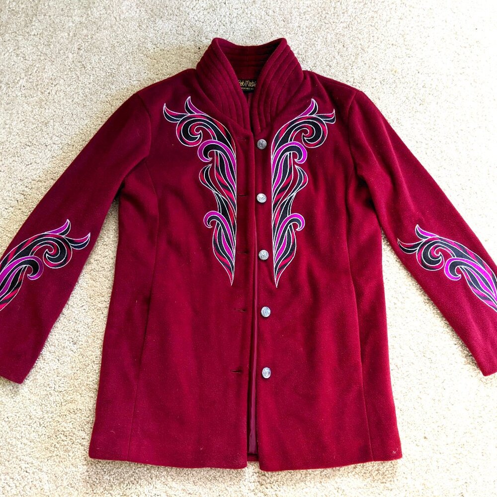 Bob Mackie Wearable Art Embroidered Burgundy Red Fleece Jacket / Light Coat XS